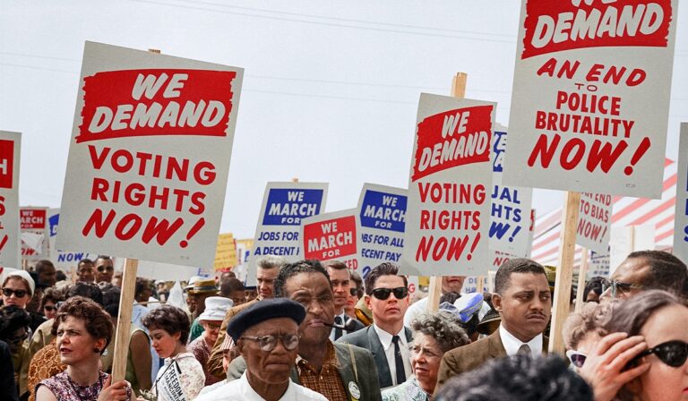 Marchers with signs at the March on Washington, 1963