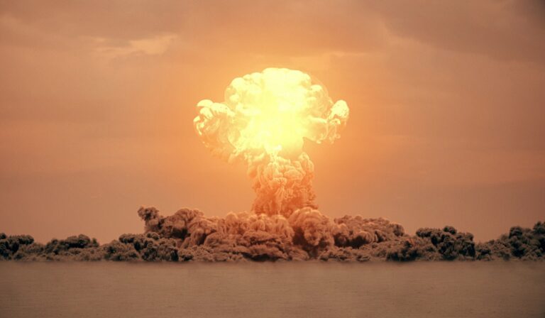 3d rendering of massive nuke bomb test explosion with film look