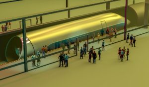 Train station and Hyperloop. Passengers waiting for the train. Futuristic technology for high-speed transport. 3d rendering