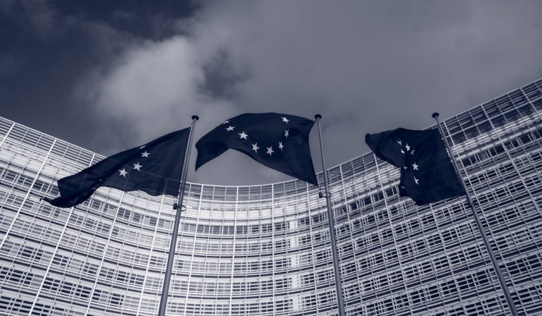 E.U. flags in front of building