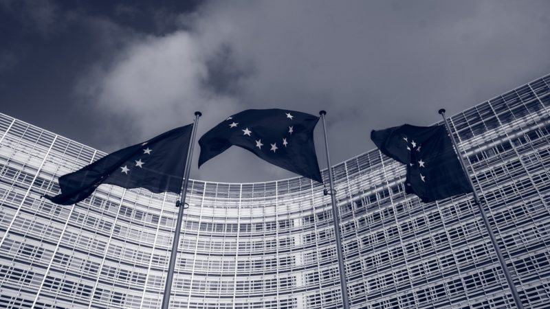 E.U. flags in front of building