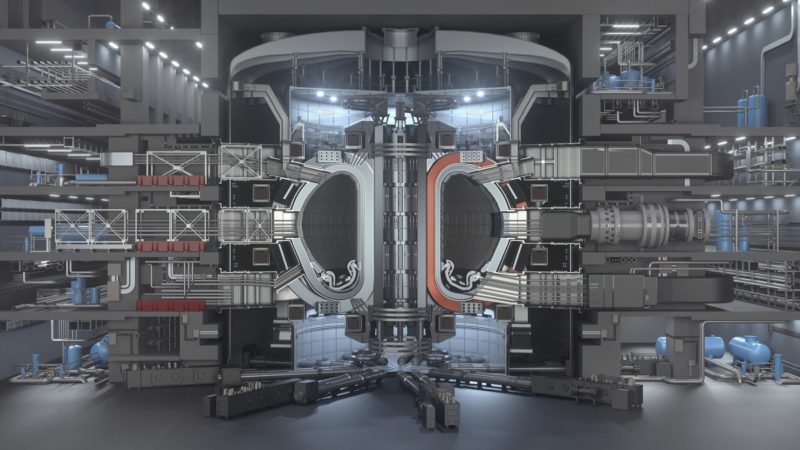 ITER Fusion Reactor. Tokamak. Thermonuclear Experimental power plant. Industrial zone with power station atomic energy production. 3D Render