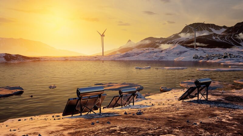 Mountain lake with wind turbines and solar panels