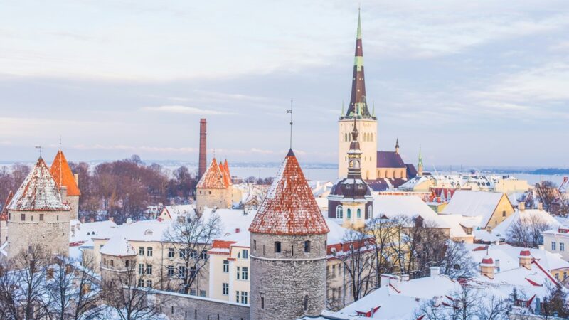 Snow-covered buildings in Tallinn