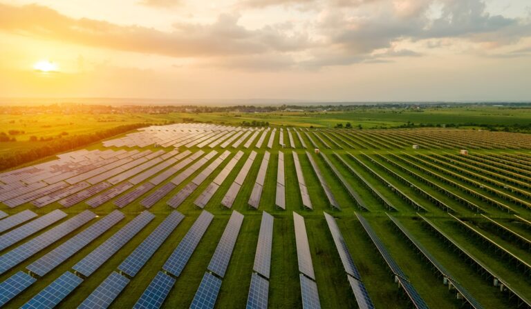 Aerial view of large electrical power plant with many rows of solar photovoltaic panels for producing clean ecological electric energy in morning